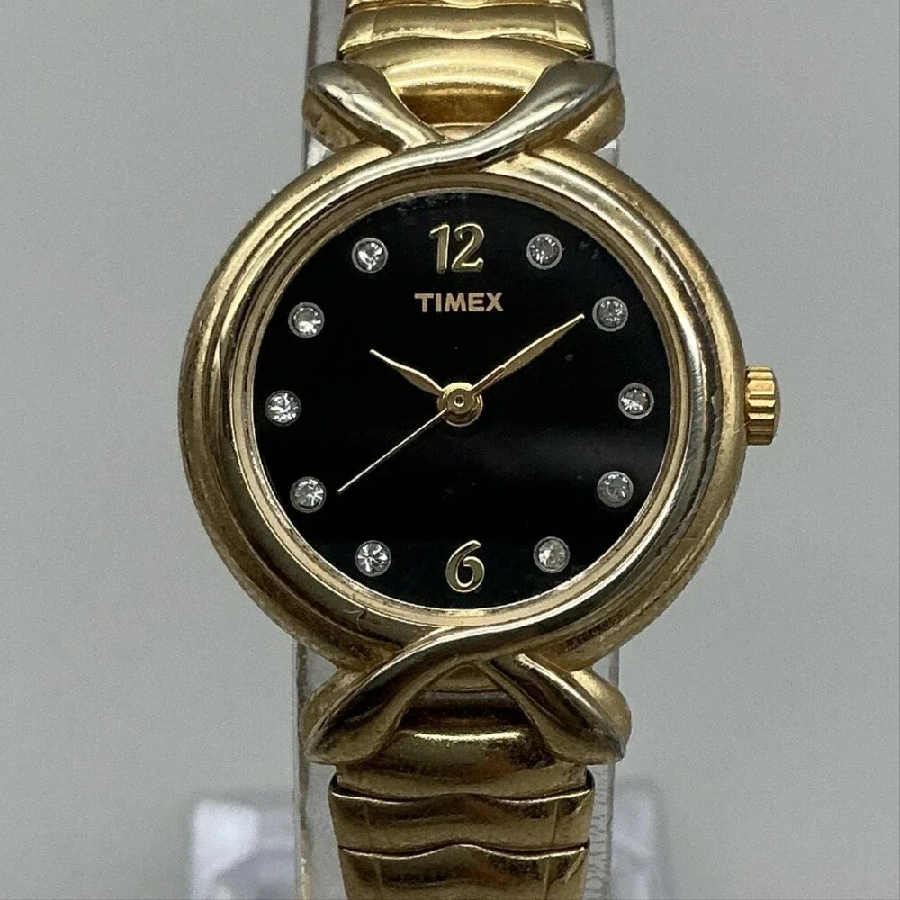 Timex Womens Watch 25mm Black Dial Gold Tone Crystals Stretch Bracelet New Batt